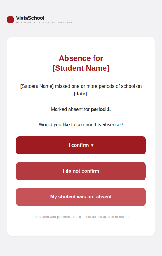 A recreation of Vista's parent-portal absence-confirmation screen, with a placeholder student name and date, showing "I confirm," "I do not confirm," and "My student was not absent" buttons.