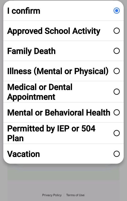 A screenshot of Vista's parent-portal app showing the excused-absence reason options, including Illness, Medical/Dental Appointment, Mental or Behavioral Health, and Permitted by IEP or 504 Plan.