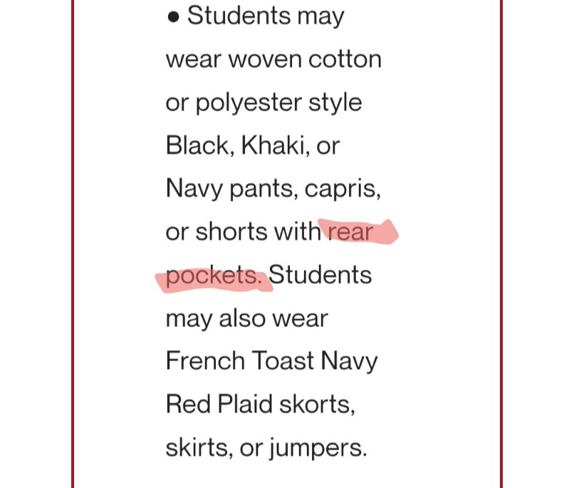 A screenshot of Vista's dress code policy, "Bottoms" section, with the "rear pockets" requirement highlighted.